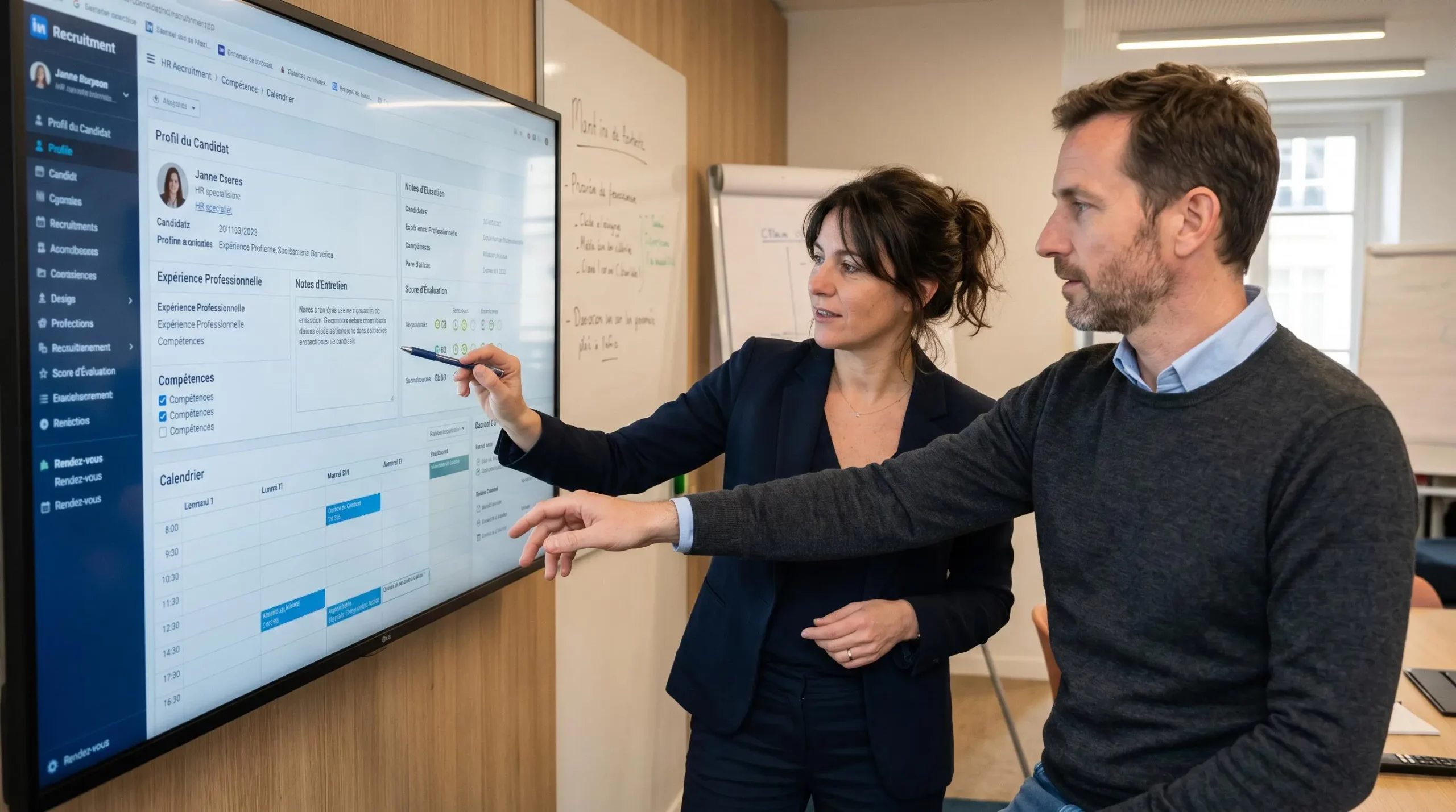 Responsable RH et manager opérationnel consultant ensemble une fiche candidat partagée sur écran dans une salle de réunion, facilitant la collaboration de recrutement