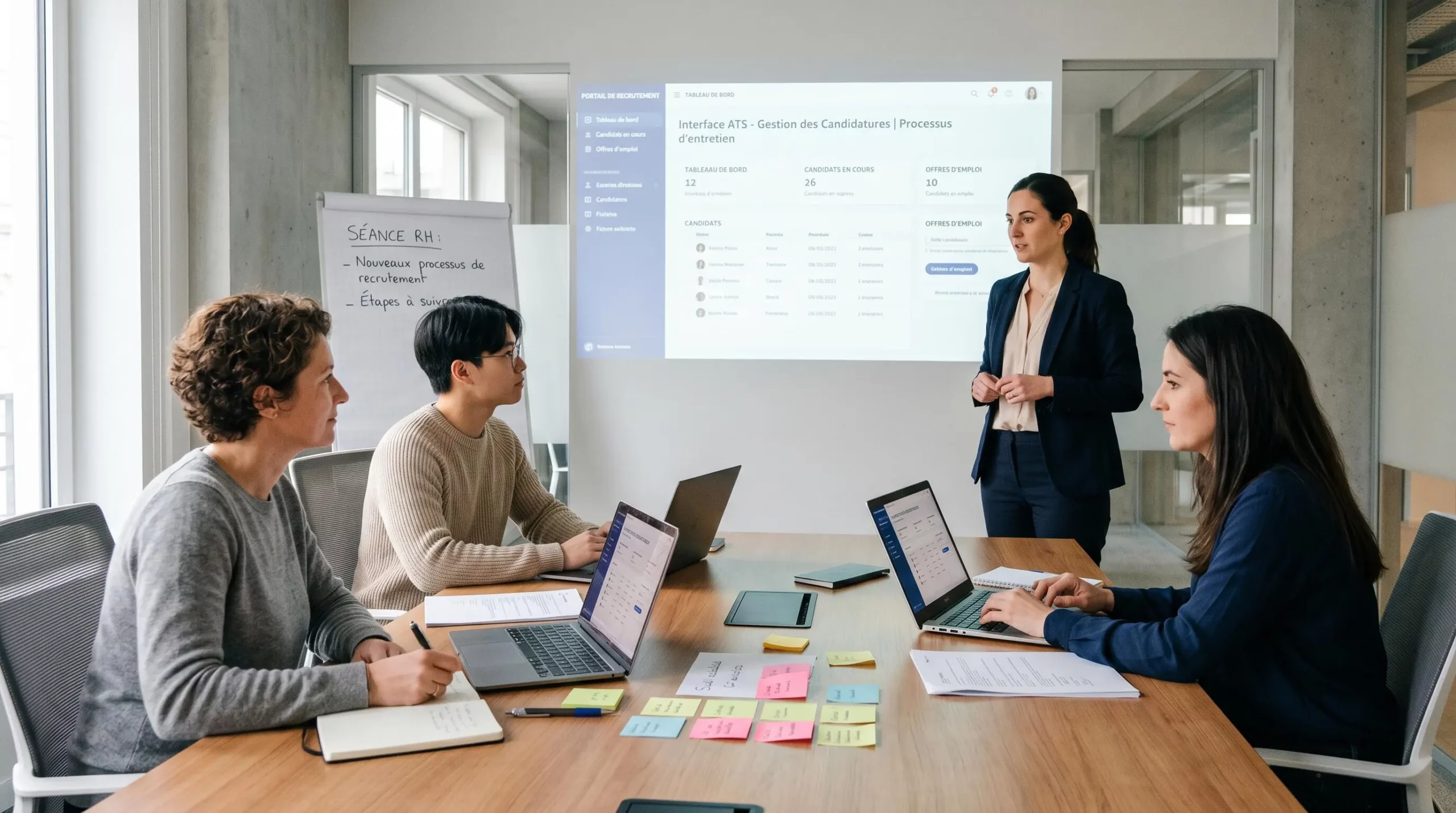 Session de formation d'équipe RH autour d'ordinateurs portables avec formatrice présentant les fonctionnalités d'un logiciel ATS sur écran projeté
