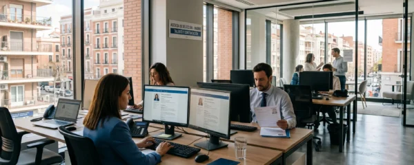 Bureau moderne d'agence de recrutement à Madrid avec consultants travaillant sur des écrans d'ordinateur affichant des profils de candidats