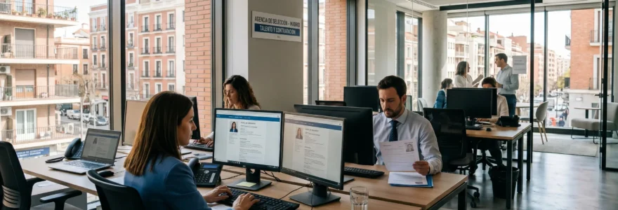 Bureau moderne d'agence de recrutement à Madrid avec consultants travaillant sur des écrans d'ordinateur affichant des profils de candidats