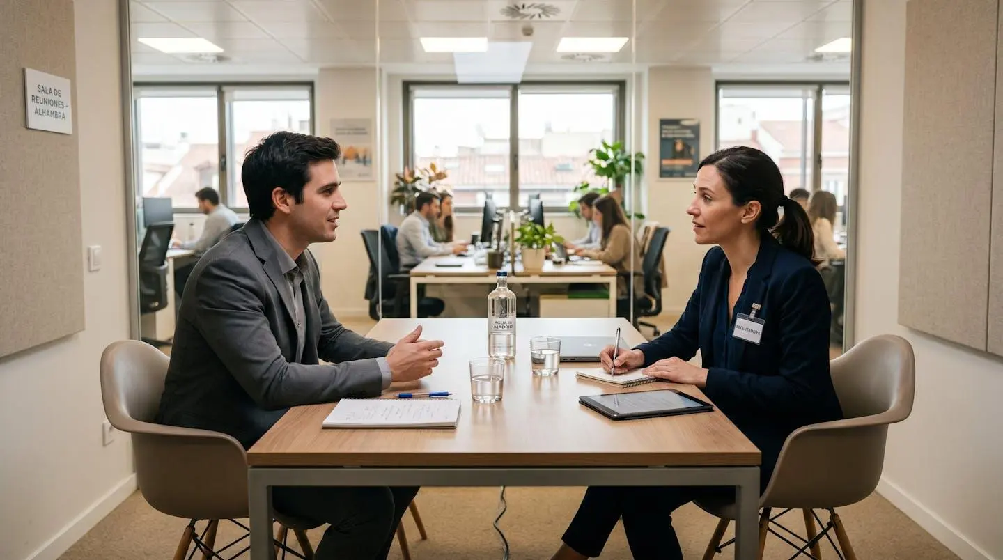 Entretien de recrutement dans une salle de réunion moderne avec consultant et candidat