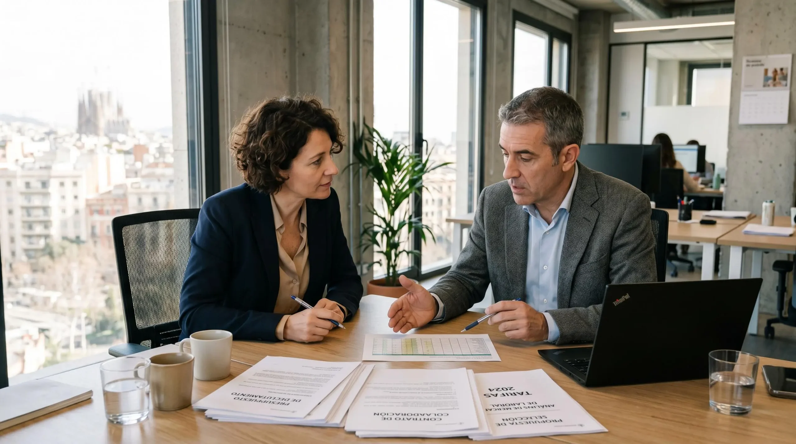 Réunion professionnelle entre RH et consultant d'agence avec documents contractuels sur la table
